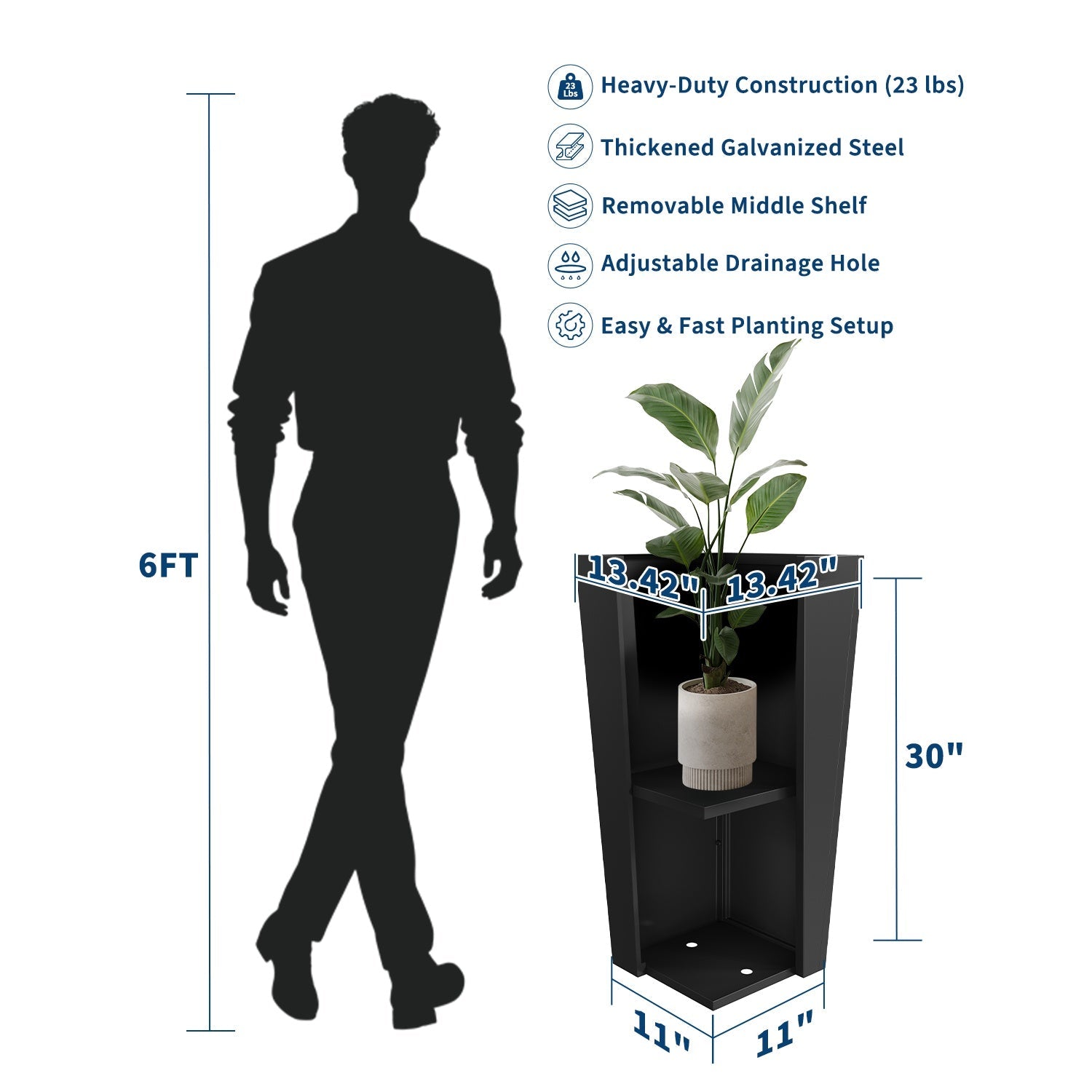 Garvee Set of 2 Heavy Duty 30-Inch Tall Black Metal Tapered Planters with Drainage Holes, Removable Insert Shelf, Weather-Resistant Outdoor Indoor Plant Pots for Patio, Garden, Deck & Entryway