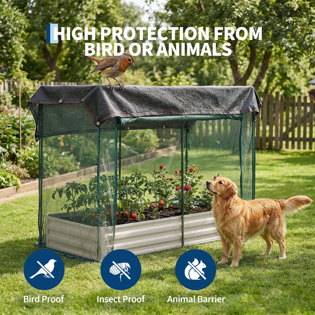 Garvee White Galvanized Raised Garden Bed with Crop Cage, 6×3×1ft Metal Planter Box with Plant Protection Net & Shade Cloth Roof, Zippered Doors Outdoor Garden Bed for Vegetables Herbs Flowers