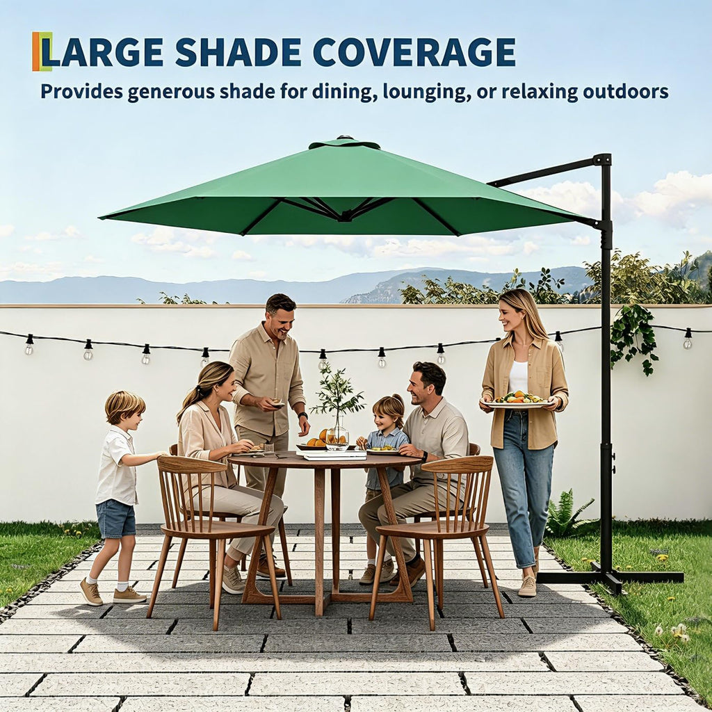 Garvee 9' Cantilever Patio Umbrella, 101.2" W × 94.5" H Round Offset Parasol with UV-Resistant Vented Polyester Canopy and Iron Frame, Dark Green