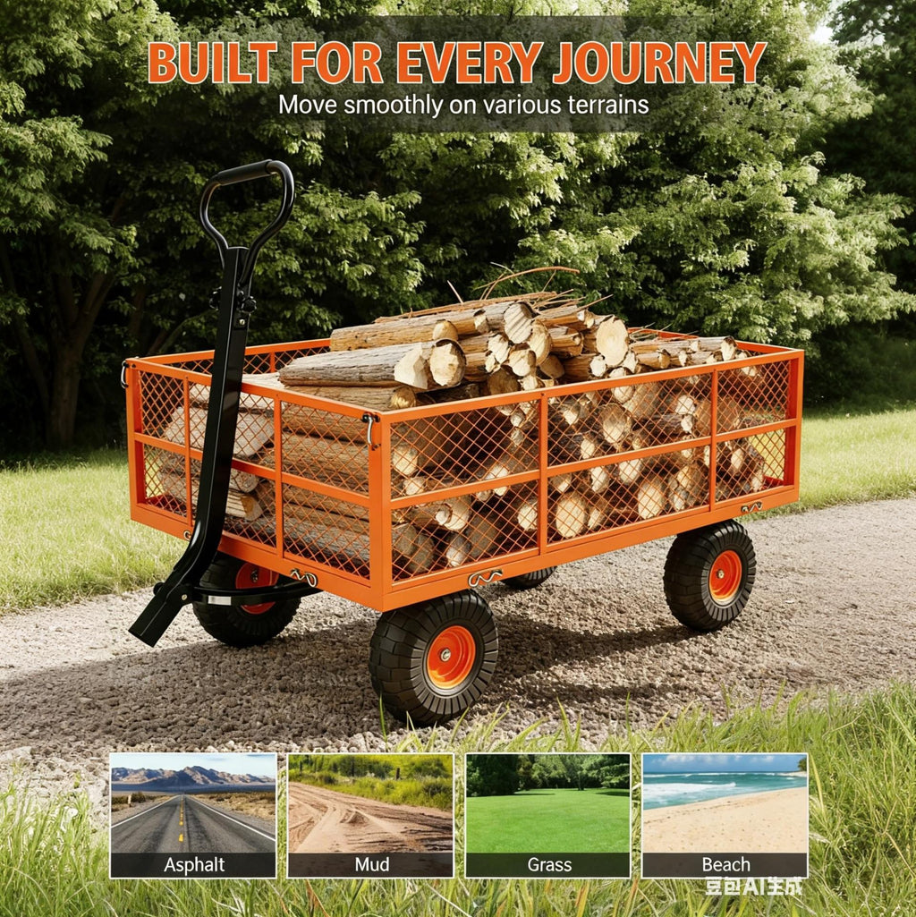 Garvee Garden Cart, 1200 lbs Heavy Duty Steel Utility Wagon with Removable Mesh Sides, 13" Wheels and 180° Pull Handle for Yard, Orange