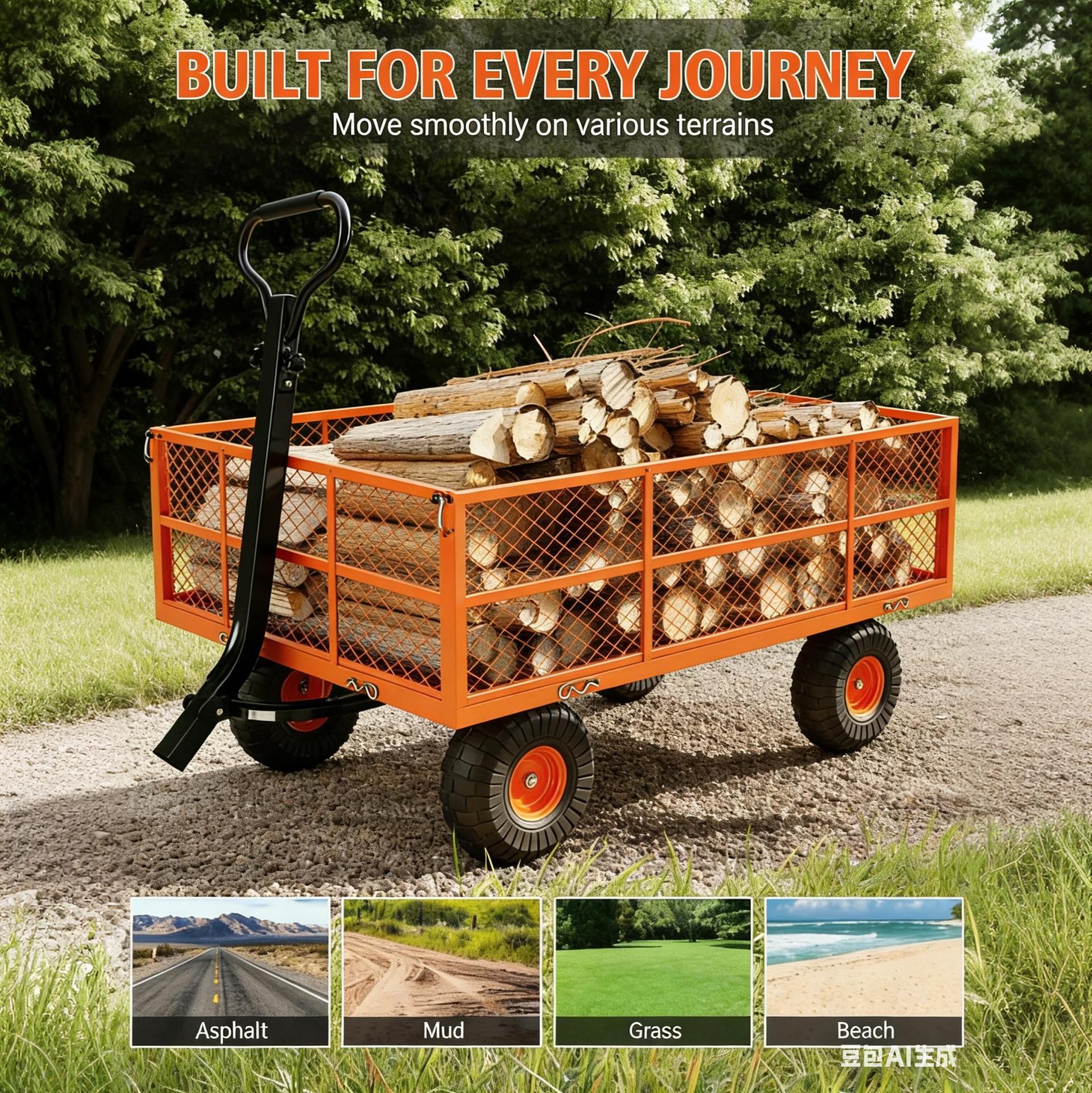 Garvee Garden Cart, 1200 lbs Heavy Duty Steel Utility Wagon with Removable Mesh Sides, 13" Wheels and 180° Pull Handle for Yard, Orange