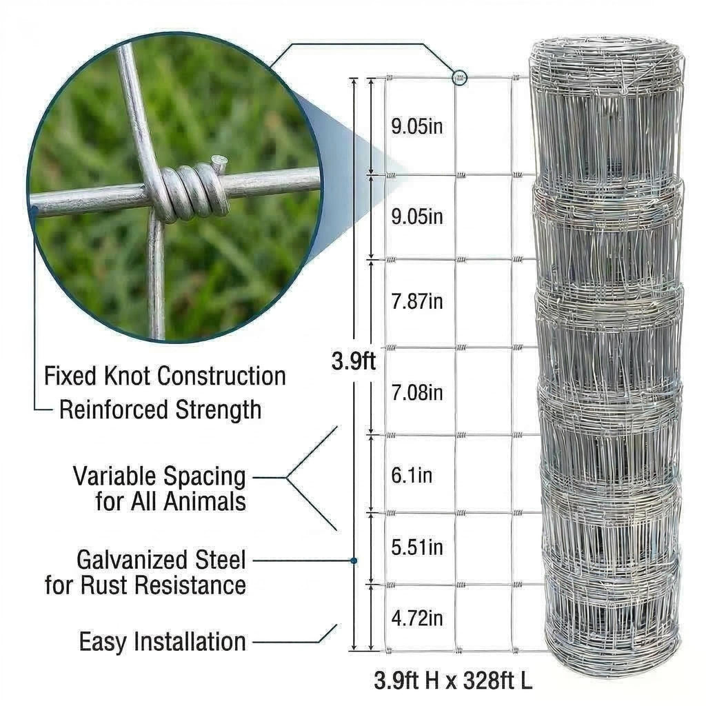Garvee 3.9ft x 328ft Galvanized Cattle Fence, Fixed Knot Livestock Wire Fence, Heavy Duty Field Fence for Cattle Sheep Pig Deer, Rust Resistant Farm Fence for Pasture Garden