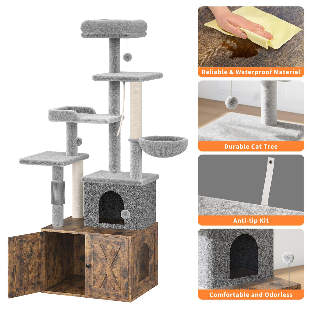Garvee Litter Box Enclosure with Cat Tree, 2 in-1 Modern Cat Tower, Hidden Washroom Furniture, Wood Cat Condo with Scratching Post and Hammock, Indoor Pet Furniture with Multiple Platform, Retro Brown