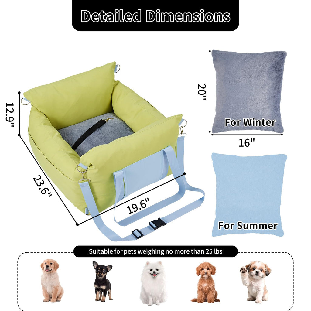 Garvee Dog Car Seat for Small Dogs, Waterproof Pet Booster Seat with Safety Leash & Storage Pockets, Thickened Comfort Bed Travel Carrier 24"x20"x13" (Green)