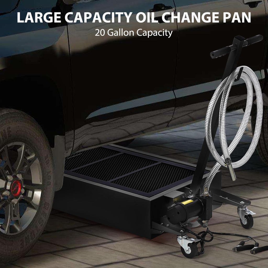 Garvee 20 Gallon Oil Drain Pan with 12V Electric Pump, Low-Profile Steel Construction, Foldable Handle, Wheels, and 8FT Hose for Garage Use, Black