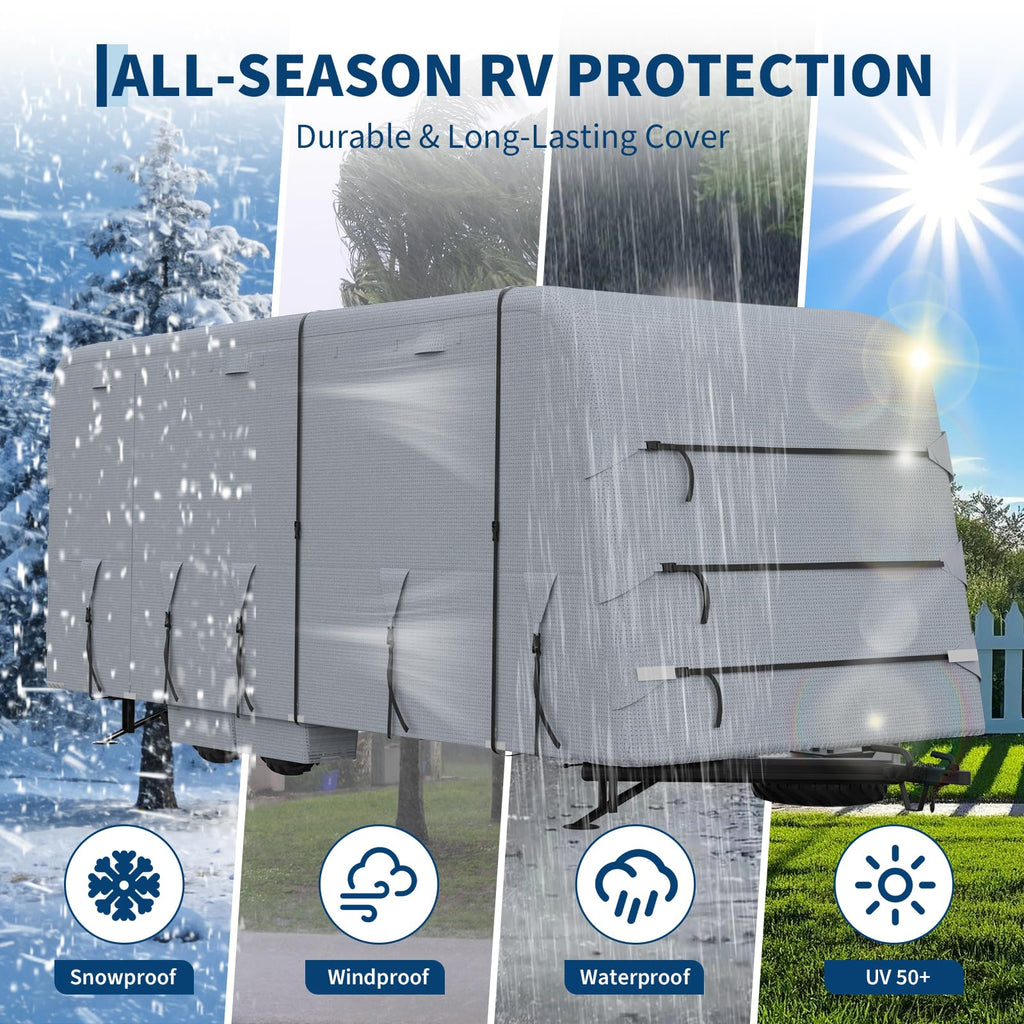 Garvee 27-30FT Heavy-Duty Trailer Cover for Campers, 4-Ply Oxford RV Cover with Waterproof Roof, Breathable Side Vents, UV Protection, Tie-Down Straps, Zipper Access, Tire Covers, and Storage Bag, Grey