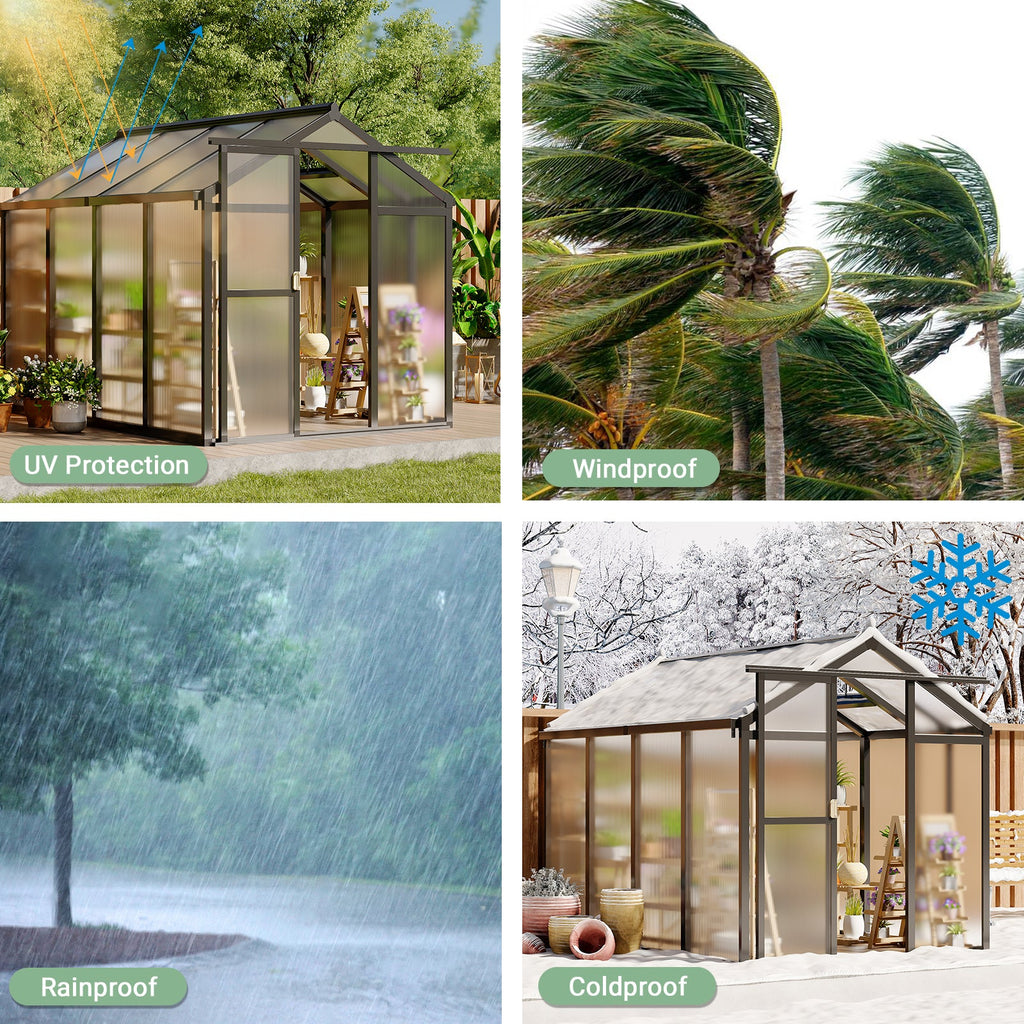 Garvee Walk-In Polycarbonate Greenhouse for Outdoors, Heavy Duty Aluminum Greenhouse with Adjustable Roof Vent & Lockable Door, UV-Protected Backyard Green House for Garden, Patio & Lawn, Easy Assembly, Silver