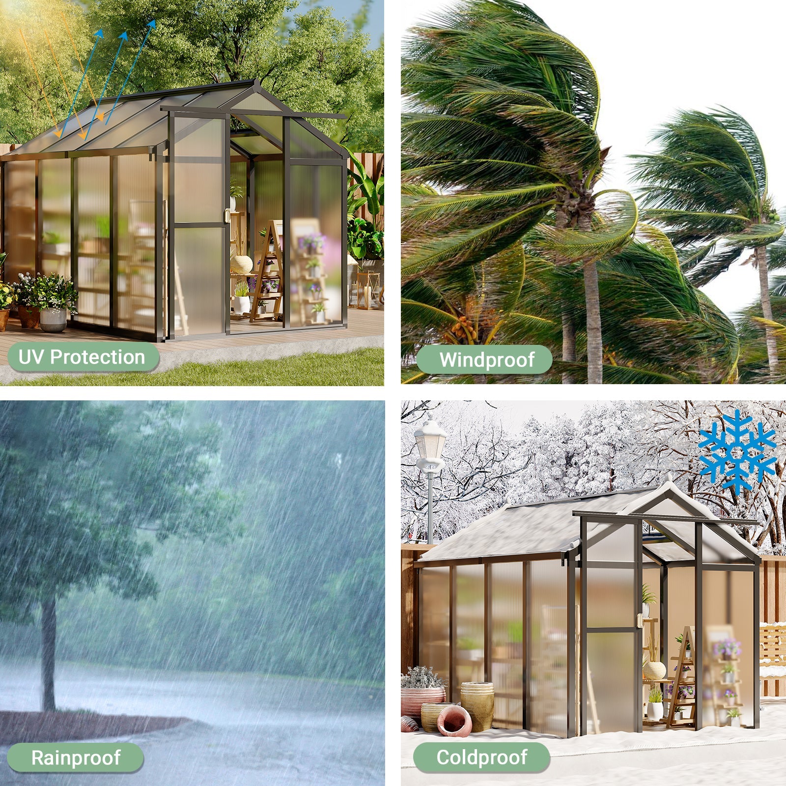 Garvee Walk-In Polycarbonate Greenhouse for Outdoors, Heavy Duty Aluminum Greenhouse with Adjustable Roof Vent & Lockable Door, UV-Protected Backyard Green House for Garden, Patio & Lawn, Easy Assembly, Silver
