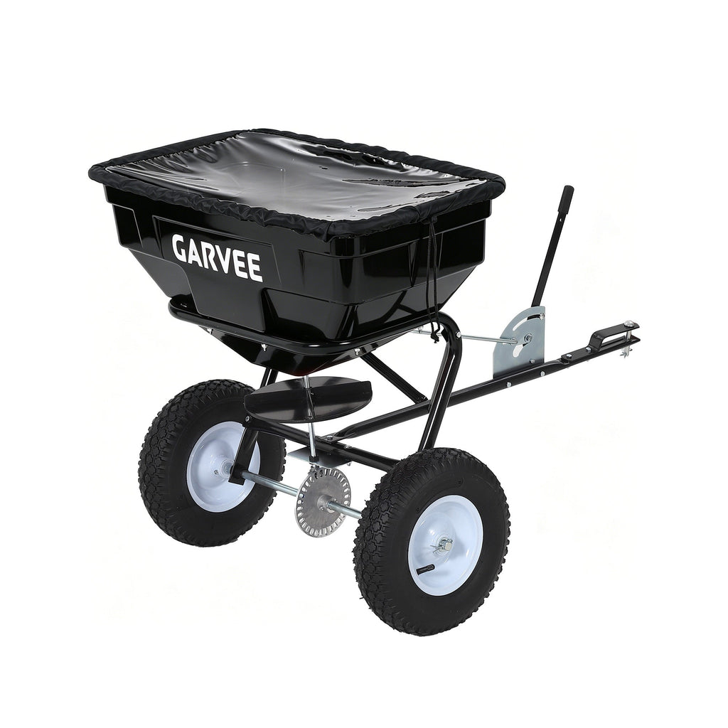 Garvee 130 lb Tow-Behind Broadcast Spreader, Heavy-Duty Lawn & Garden Spreader with 0–12 ft Coverage, Universal Hitch, 13" Pneumatic Tires & 20-Level Flow Control for ATV, UTV & Riding Mower, Black