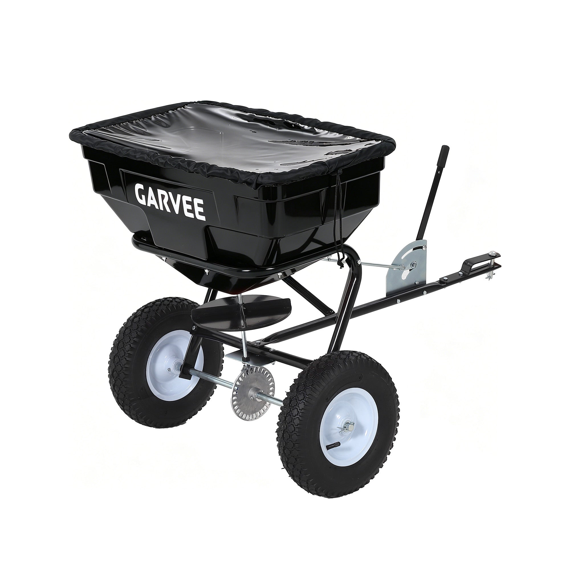 Garvee 130 lb Tow-Behind Broadcast Spreader, Heavy-Duty Lawn & Garden Spreader with 0–12 ft Coverage, Universal Hitch, 13" Pneumatic Tires & 20-Level Flow Control for ATV, UTV & Riding Mower, Black