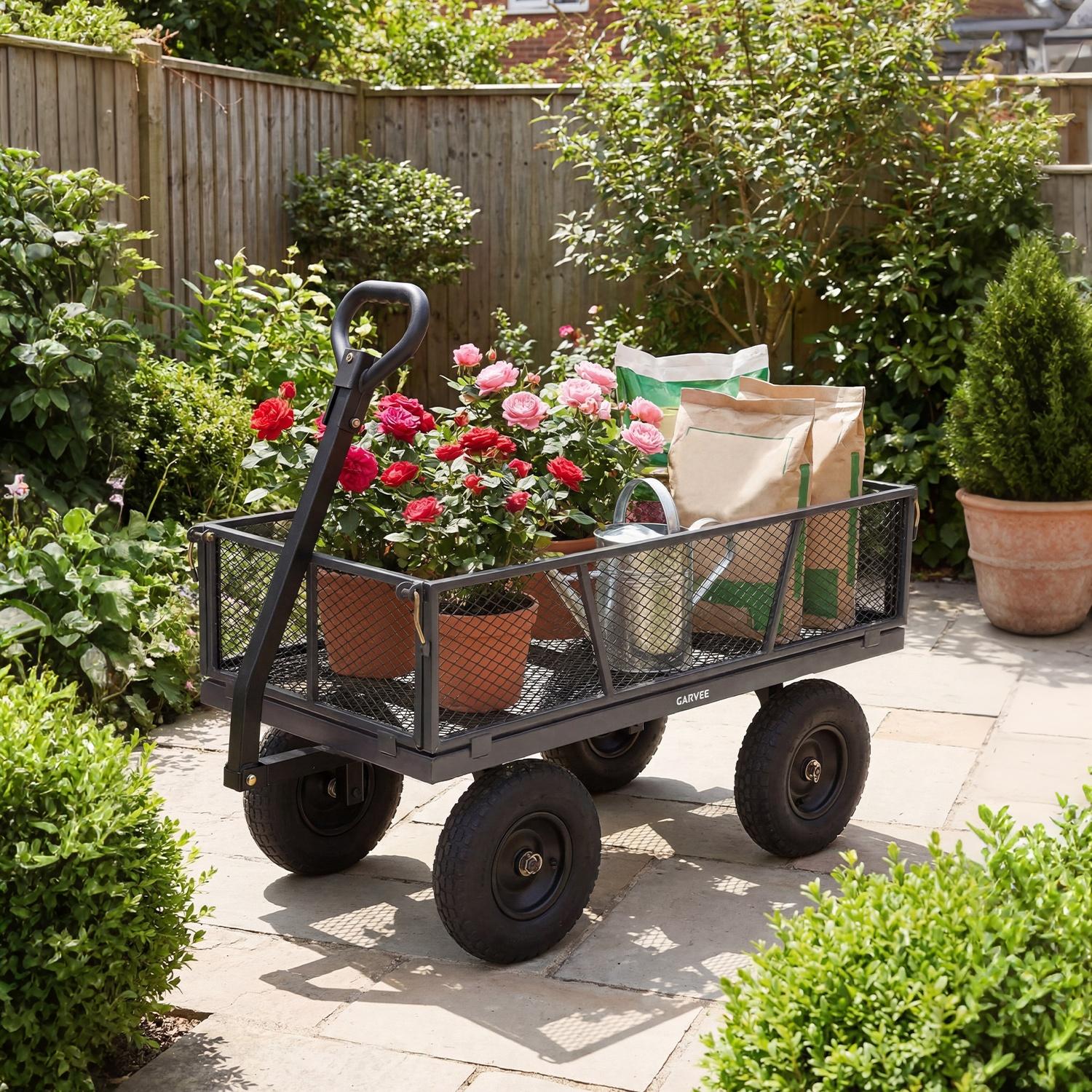 Garvee 1200 lb Heavy-Duty Steel Garden Cart, All-Terrain Utility Wagon with 13" Pneumatic Tires, Removable Mesh Sides, 180° Rotating Handle & Flatbed Design for Lawn, Yard, Farm, Landscaping, Gray