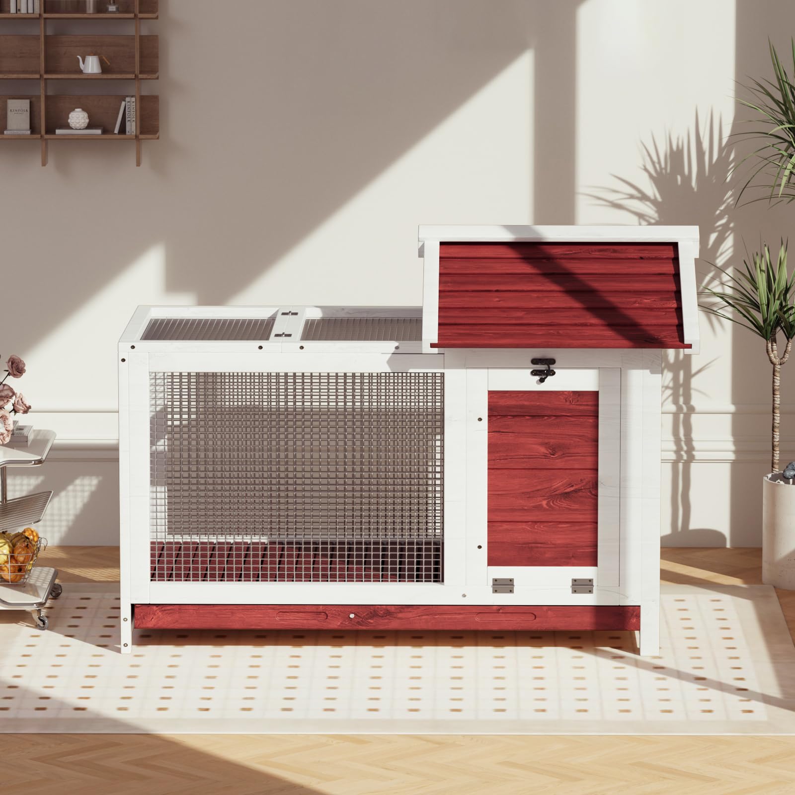 Garvee Large Outdoor Rabbit Hutch, Weatherproof 2-Story Bunny Cage with Removable Wire Netting, Wooden Indoor Outdoor Pet House, Waterproof Roof & Pull-Out Tray, White
