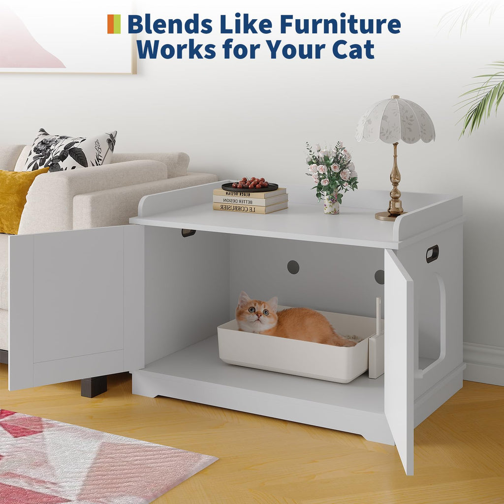 Garvee 31.5" Cat Litter Box Enclosure Furniture with 2 Doors & Display Shelf, Wooden Hidden Cat Cabinet for Living Room, Dog-Proof Design for Multiple Cats, Smooth Surface & Quick Clean-Up, White