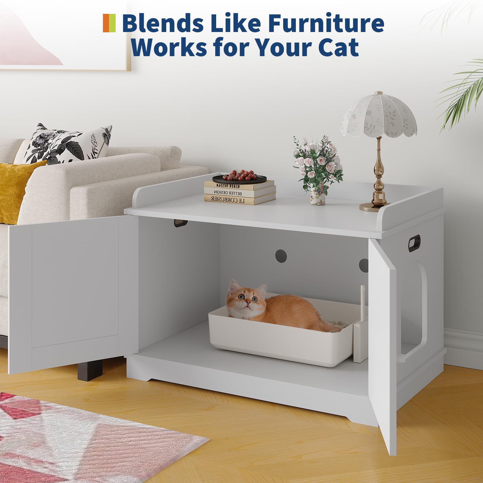 Garvee 31.5" Cat Litter Box Enclosure Furniture with 2 Doors & Display Shelf, Wooden Hidden Cat Cabinet for Living Room, Dog-Proof Design for Multiple Cats, Smooth Surface & Quick Clean-Up, White