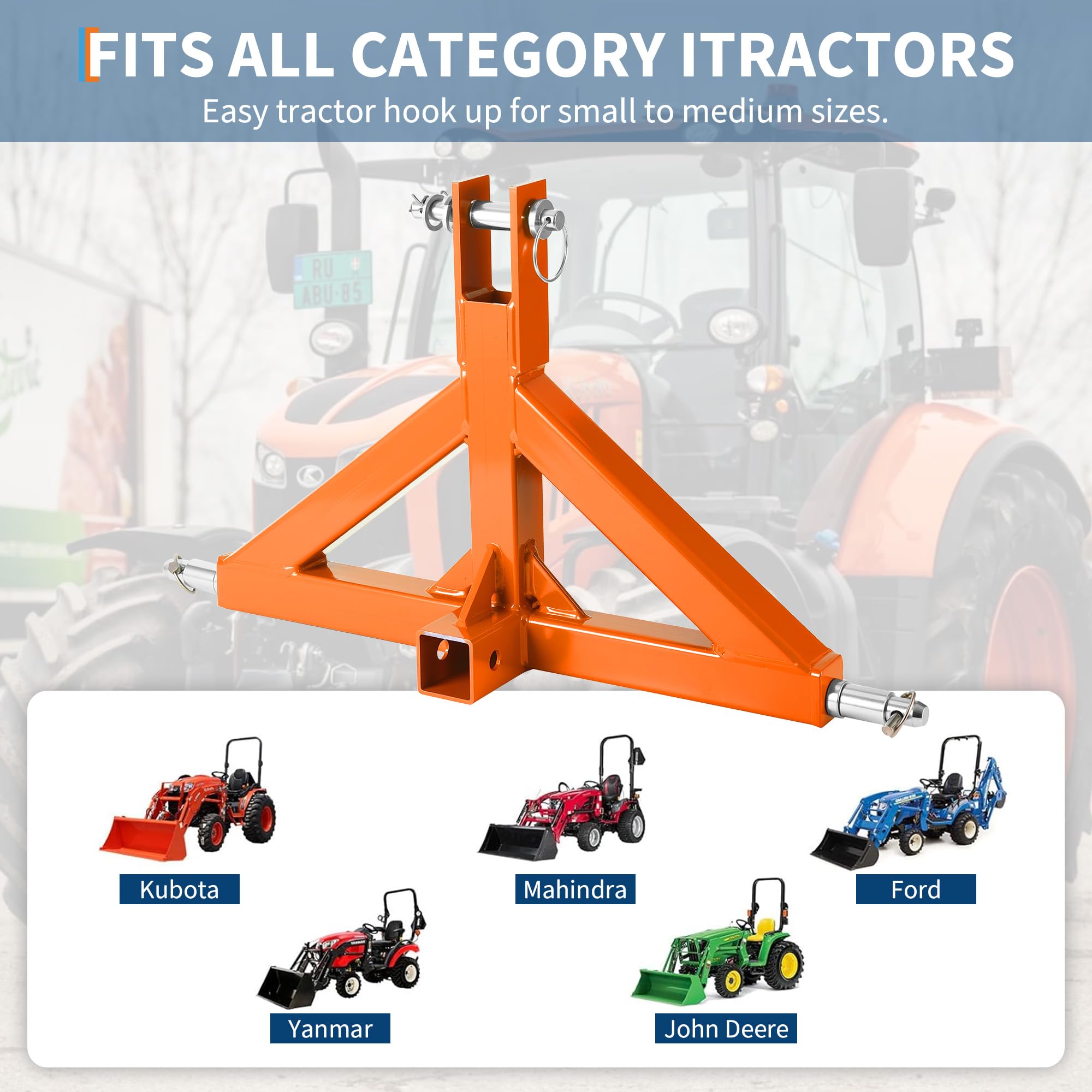 Garvee 3 Point Hitch Receiver 2" with Towing Hook, 3000 lbs Capacity, Q235 Steel, Corrosion-Resistant Powder Coat, Dual-Pin Design, Category 1 Tractors, Subcompact Tractor Use