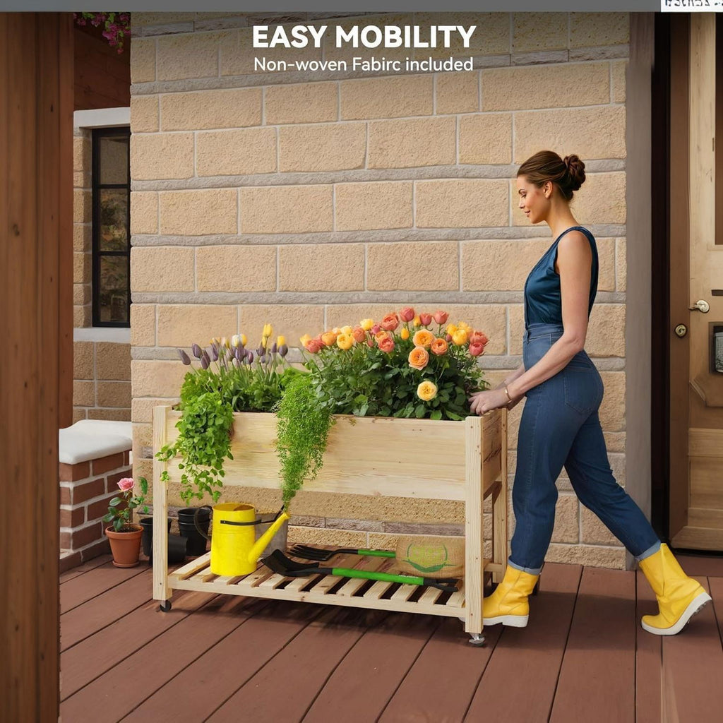 Garvee Mobile Raised Garden Bed, 48 x 24 x 32 in Cedar Elevated Planter Box with 220 lbs Capacity, Lockable Wheels, Storage Shelf & Protective Liner for Patio, Balcony & Herbs