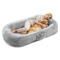 Garvee Orthopedic Soft Faux Fur Human Dog Bed for Adults & Pets – Large 67"x43"x8" Lounger, Egg Crate Foam, Removable Pillow, Side Pocket, Handle, Washable Cover, Cozy Floor Bed, White Grey