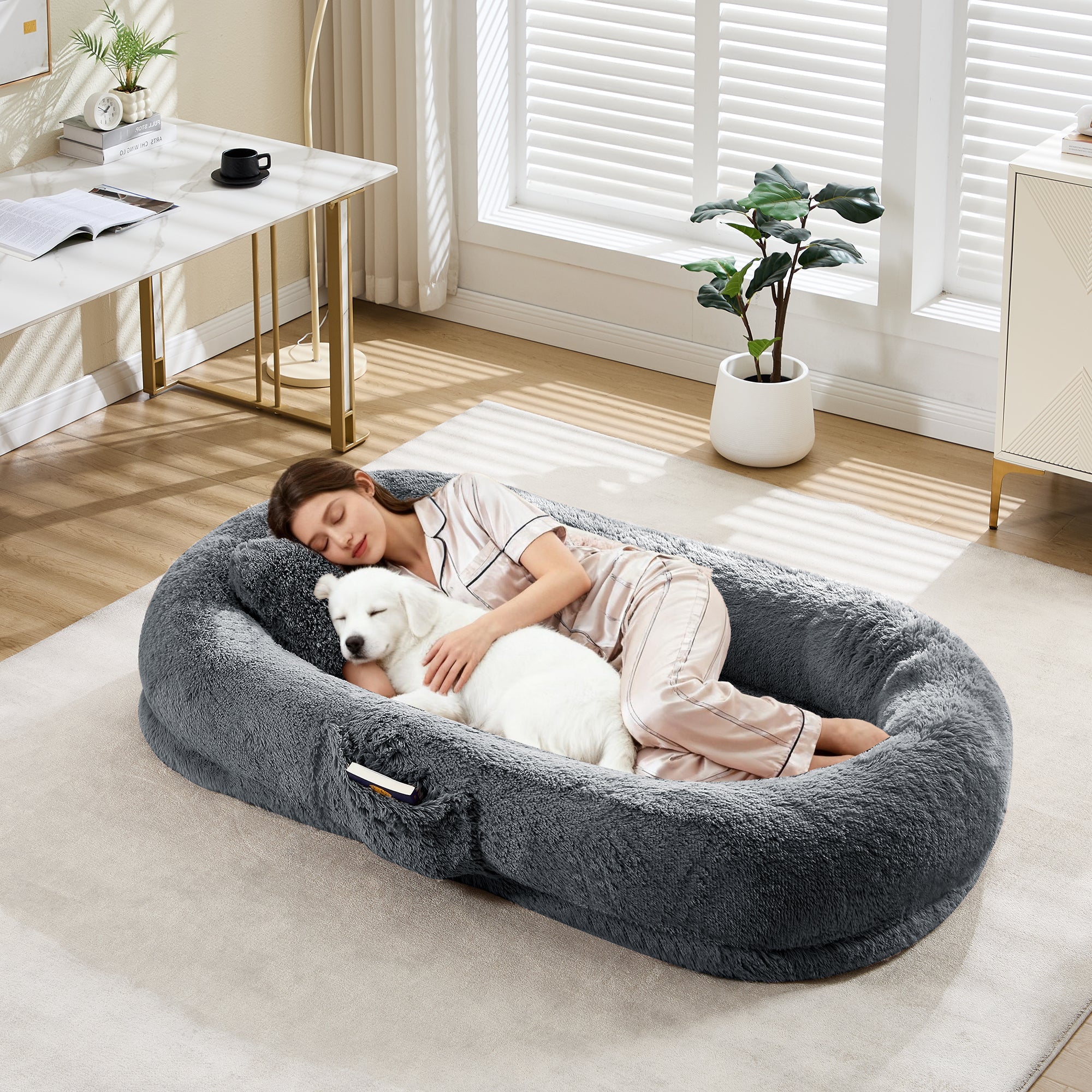 Garvee Orthopedic Soft Faux Fur Human Dog Bed for Adults & Pets – Large 67"x43"x8" Lounger, Plump Pillow, Removable Cover, Handle, Side Pocket, Washable, Bedroom, Office, Deep Blue
