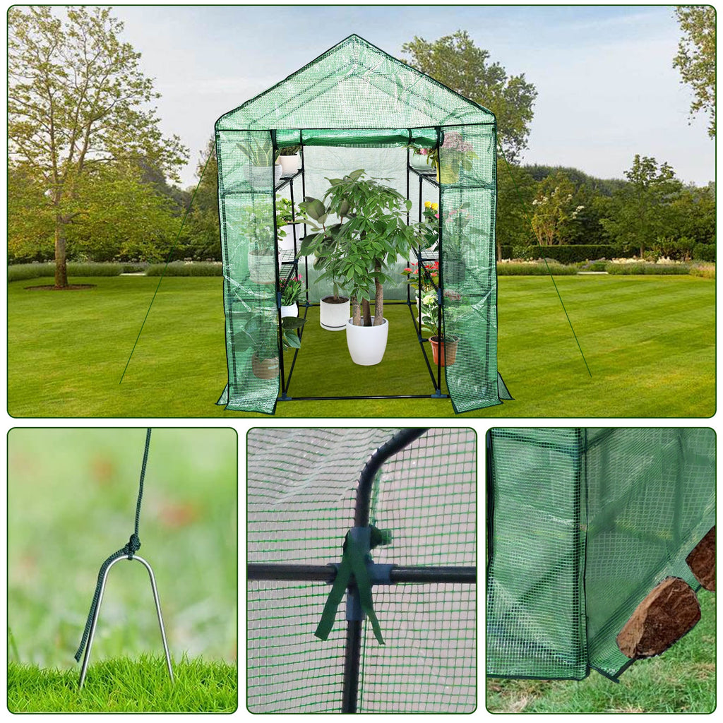 Garvee Walk-In Greenhouse 56 × 56 × 75 in, 6-Shelf Portable Green House with 140 g/m² PE Cover, Steel Frame and Roll-Up Zipper Door for Patio, Garden and Backyard, Green