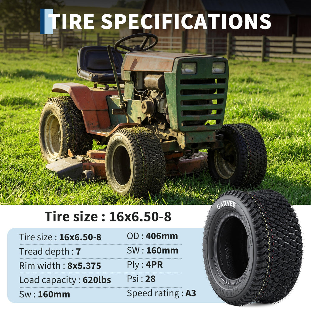Garvee 2-Pack 16x6.50-8 Lawn Mower Tires – 4PR Turf Tire, Tubeless, 620lbs Load Capacity – Replacement for Riding Mowers, Garden Tractors & Grass Cutting Equipment (Wheels NOT Included)