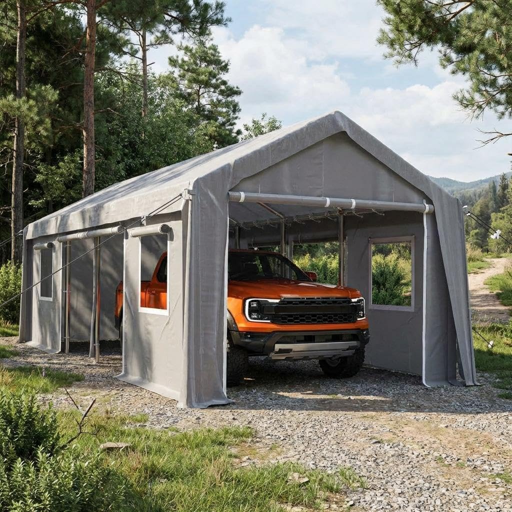Garvee 10 x 20 FT Carport Replacement Cover Kit, 200G PE Tarp with Front & Rear Zipper Doors, 2 Roll-Up Side Openings and 4 Mesh Windows, Gray, Frame Not Included