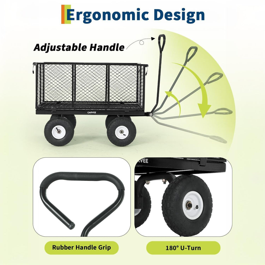 Garvee 800LBS Heavy Duty Steel Garden Cart Wagon with 10" Pneumatic Tires, Removable Mesh Sides, 180° Rotating Handle & Waterproof Bag, Utility Yard Trailer for Lawn, Garden & Farm, Black