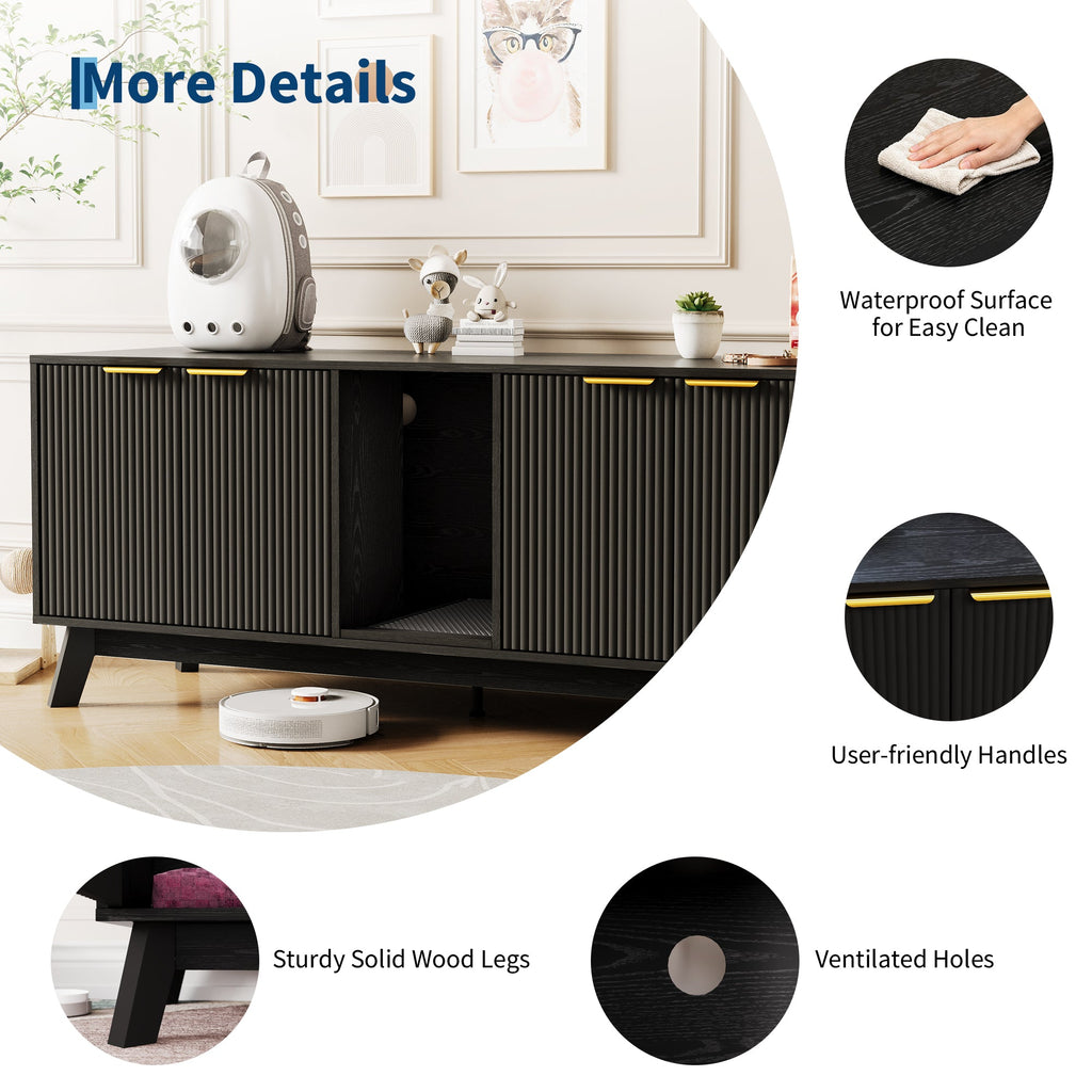 Garvee Double Cat Litter Box Enclosure Furniture, Hiddden Litter Box Furniture with Litter Collector & Scratch Pad, Wooden Litter Box Cabinet, Cats House, Black