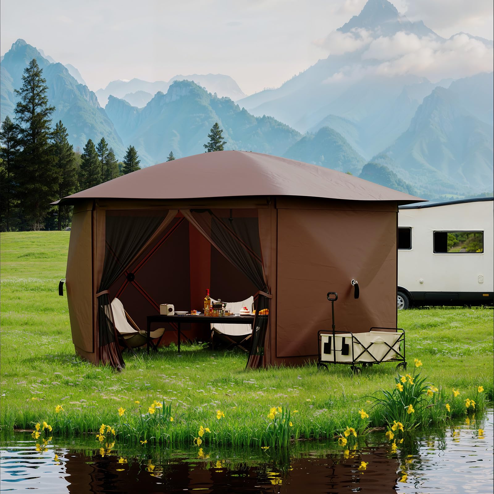 Garvee 13' x 13' Khaki Screen Tent, Quick-Set 6-Sided Canopy Shelter with Removable Top & Mesh Walls, Bite-Proof Outdoor Sun Shade for Camping, Patio & Backyard