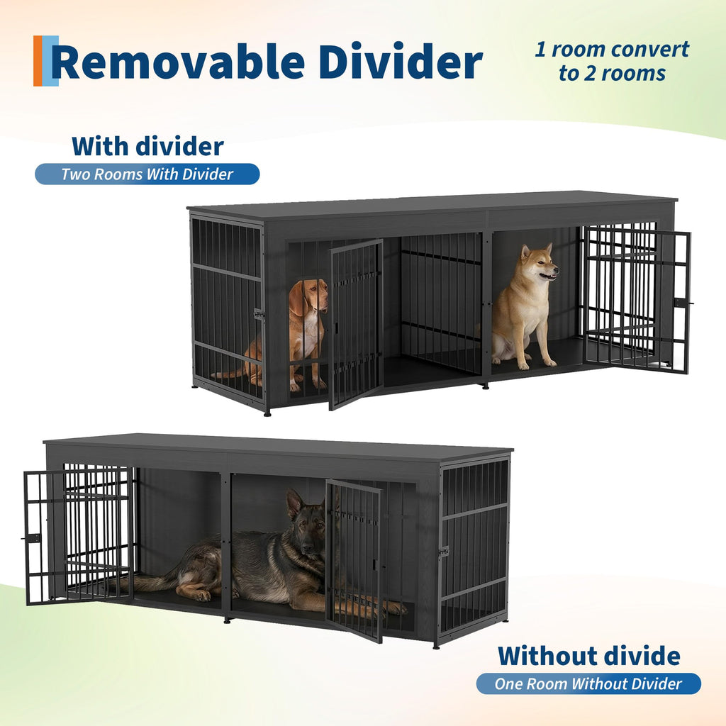 Garvee Heavy Duty Wooden Dog House Furniture – Large 3-in-1 Kennel, 4 Doors, Storage, End Table Style, Adjustable Feet, Vintage Gray, 6.6ft