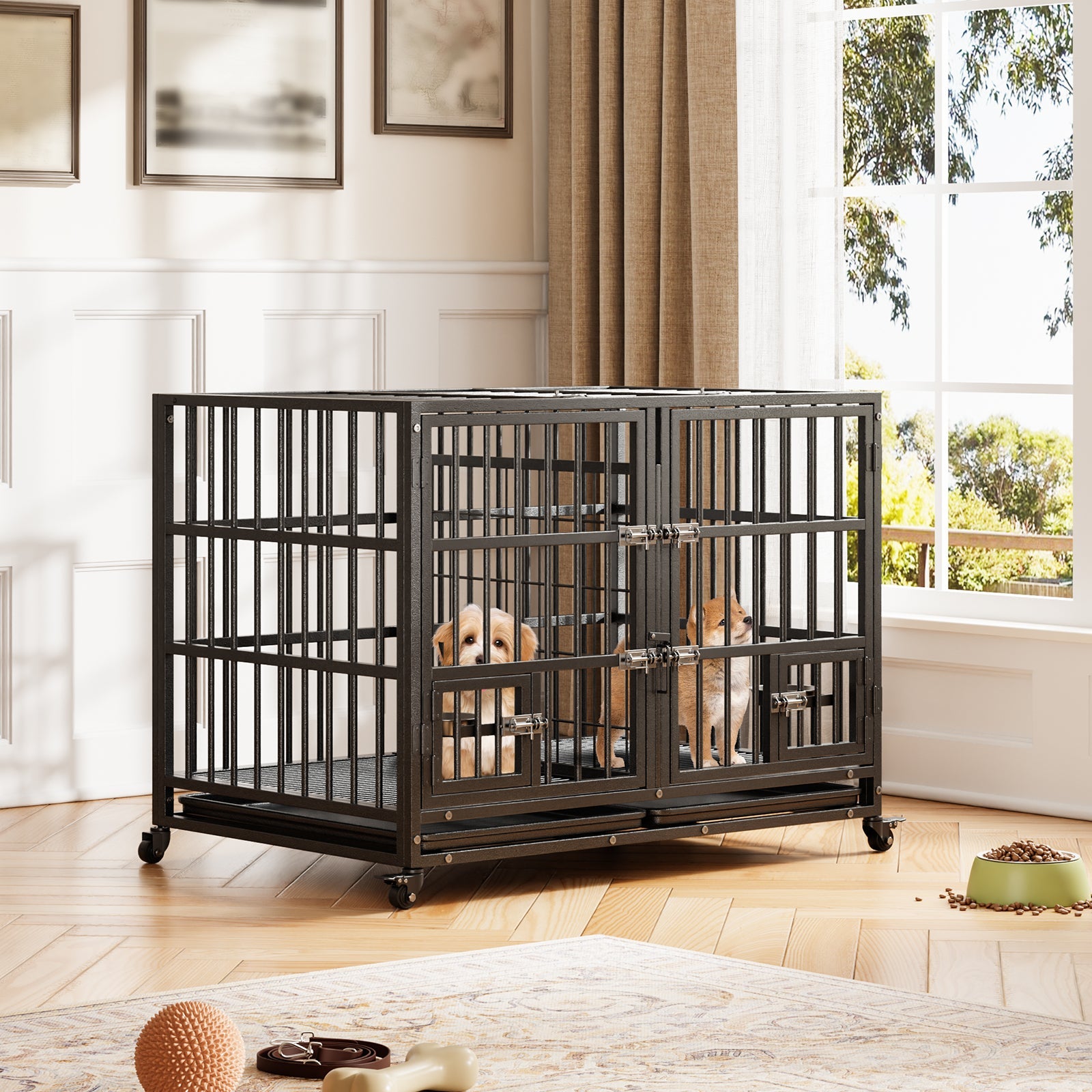 Garvee Heavy Duty Sliding Rail Dog Crate, 42 Inch Dog Crate with Double Door, 360° Lockable Wheels and Removable Tray, Easy to Assembly, Indoor Outdoor Dog Kennel for Small to Large Dogs