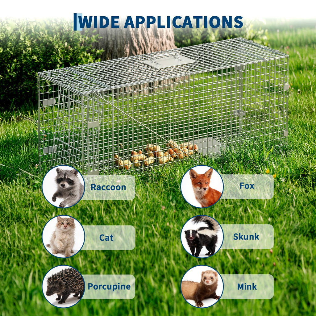 Garvee Large Humane Live Animal Trap Cage – Collapsible Steel, Sensitive Trigger – For Raccoons, Stray Cats, Skunks, Squirrels & Similar Pests – Carry Handle – 42x16x18 in / 117x41x46 cm