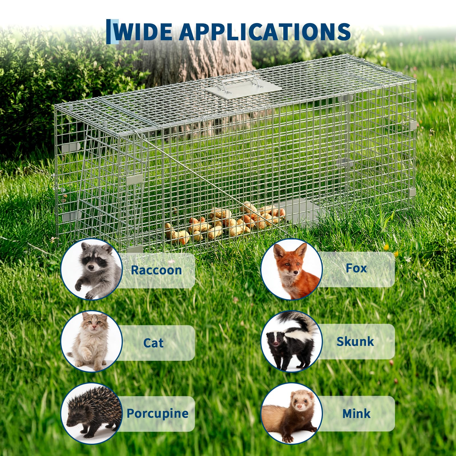 Garvee Large Humane Live Animal Trap Cage – Collapsible Steel, Sensitive Trigger – For Raccoons, Stray Cats, Skunks, Squirrels & Similar Pests – Carry Handle – 42x16x18 in / 117x41x46 cm