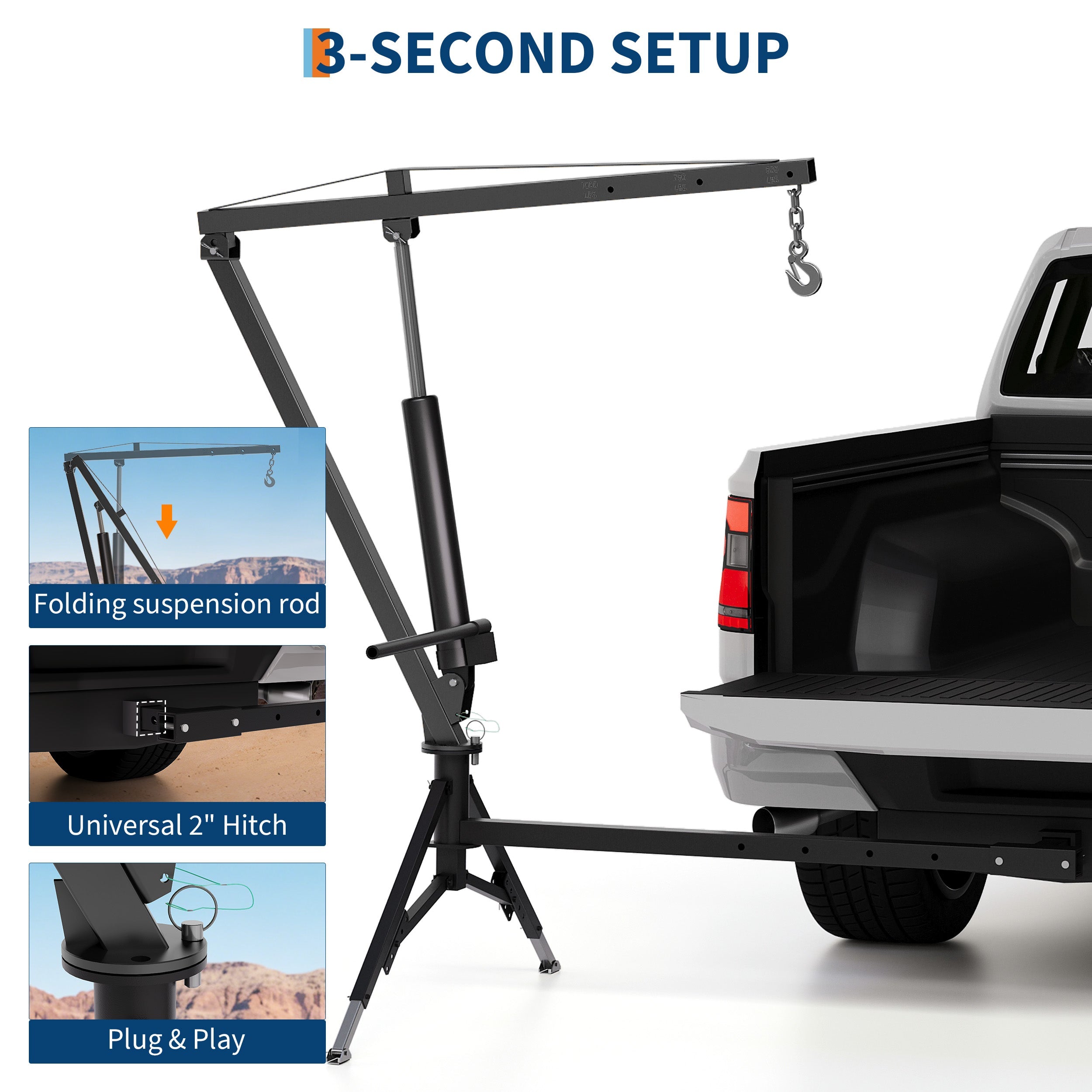 Garvee Heavy Duty Pickup Truck Crane– 1000 Lbs Capacity Hitch Mount Crane with 360° Swivel & Adjustable Boom, Heavy Duty Steel Shop Crane for Garage, Black