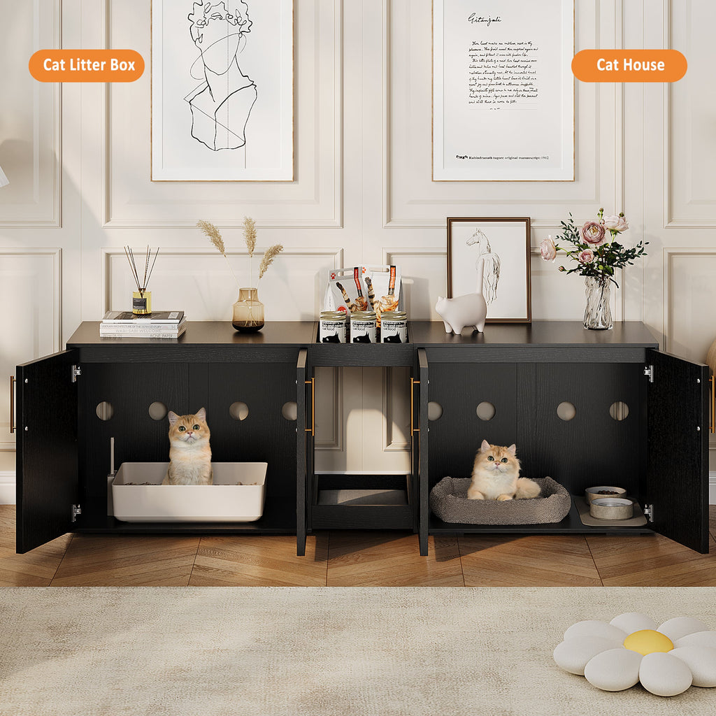 Garvee Modern Double Room Cat Litter Box Enclosure - Large Hidden Wooden Cat Washroom Cabinet for 2 Cats with Storage Shelf, Soft Cushion, End Table TV Stand - Catnip Toy Compatible - Black
