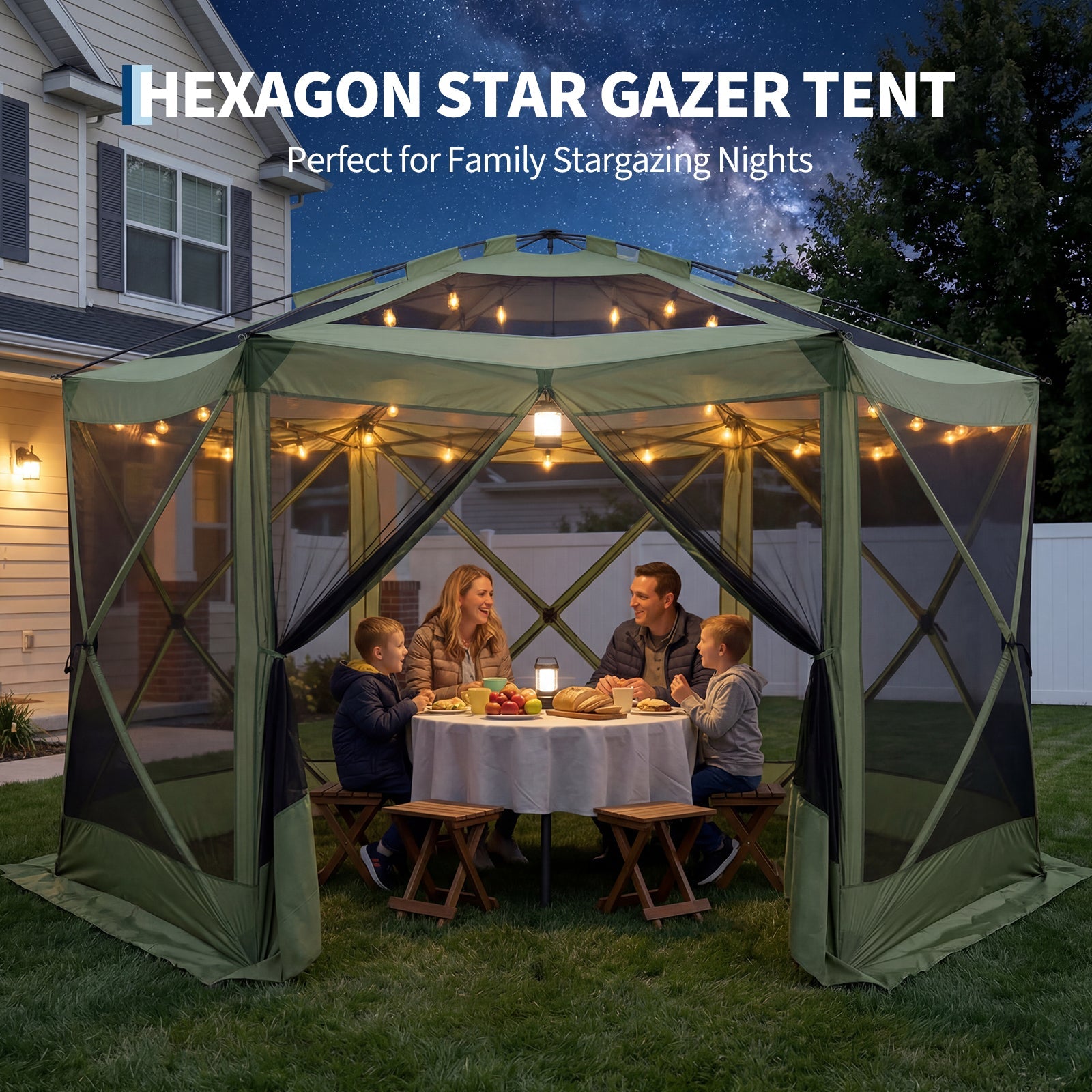 Garvee Screen Gazebo Tent, 13 x 13 FT 6-Sided Canopy for 8-10 People with 7.5 FT Height, Removable Wind Cloth and Carry Bag for Camping, Green and Light Gray