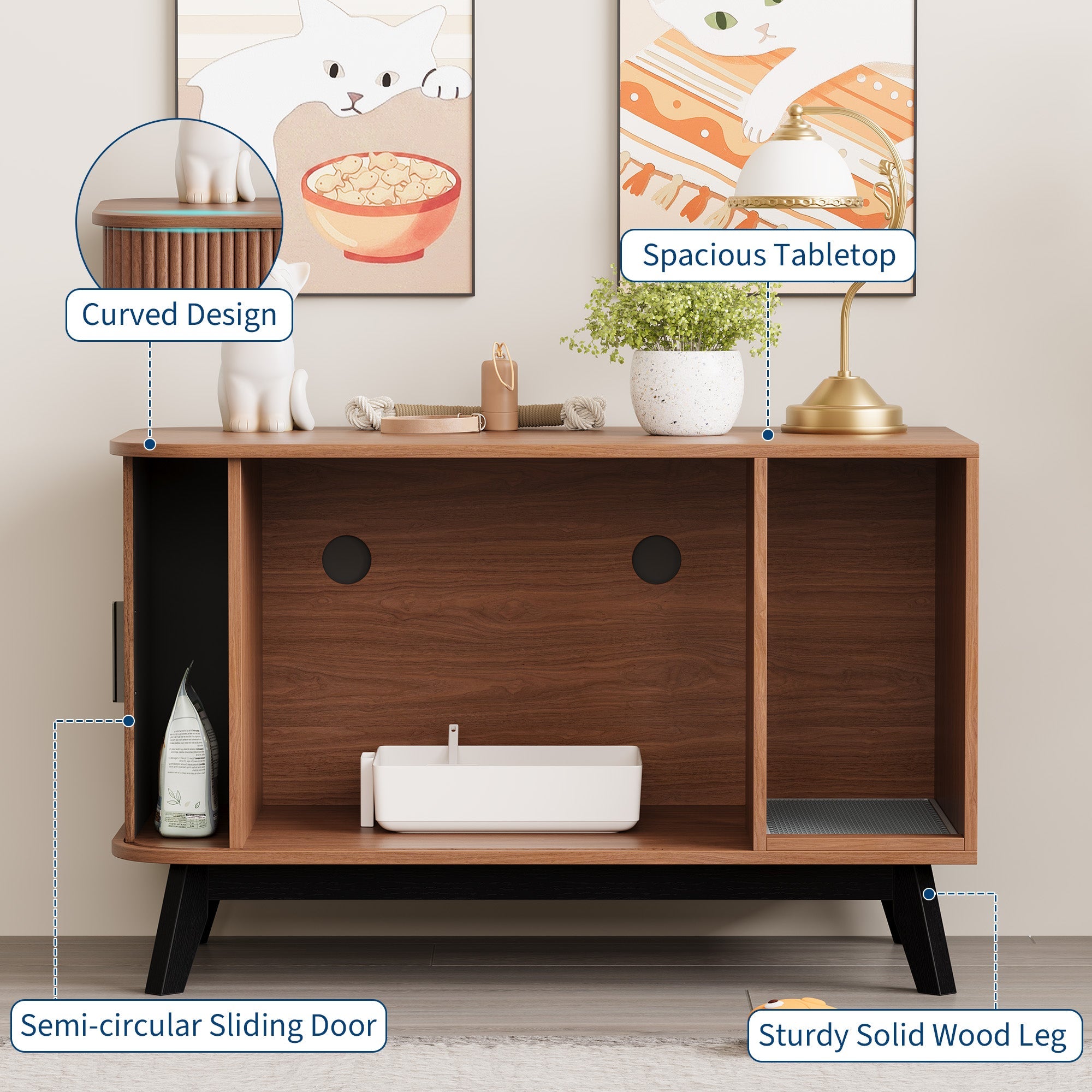 Garvee Modern Hidden Cat Litter Box Furniture – 39" Cat House End Table with Sliding Door, Litter Mat, Multi-Functional Pet Enclosure for Living Room – Walnut