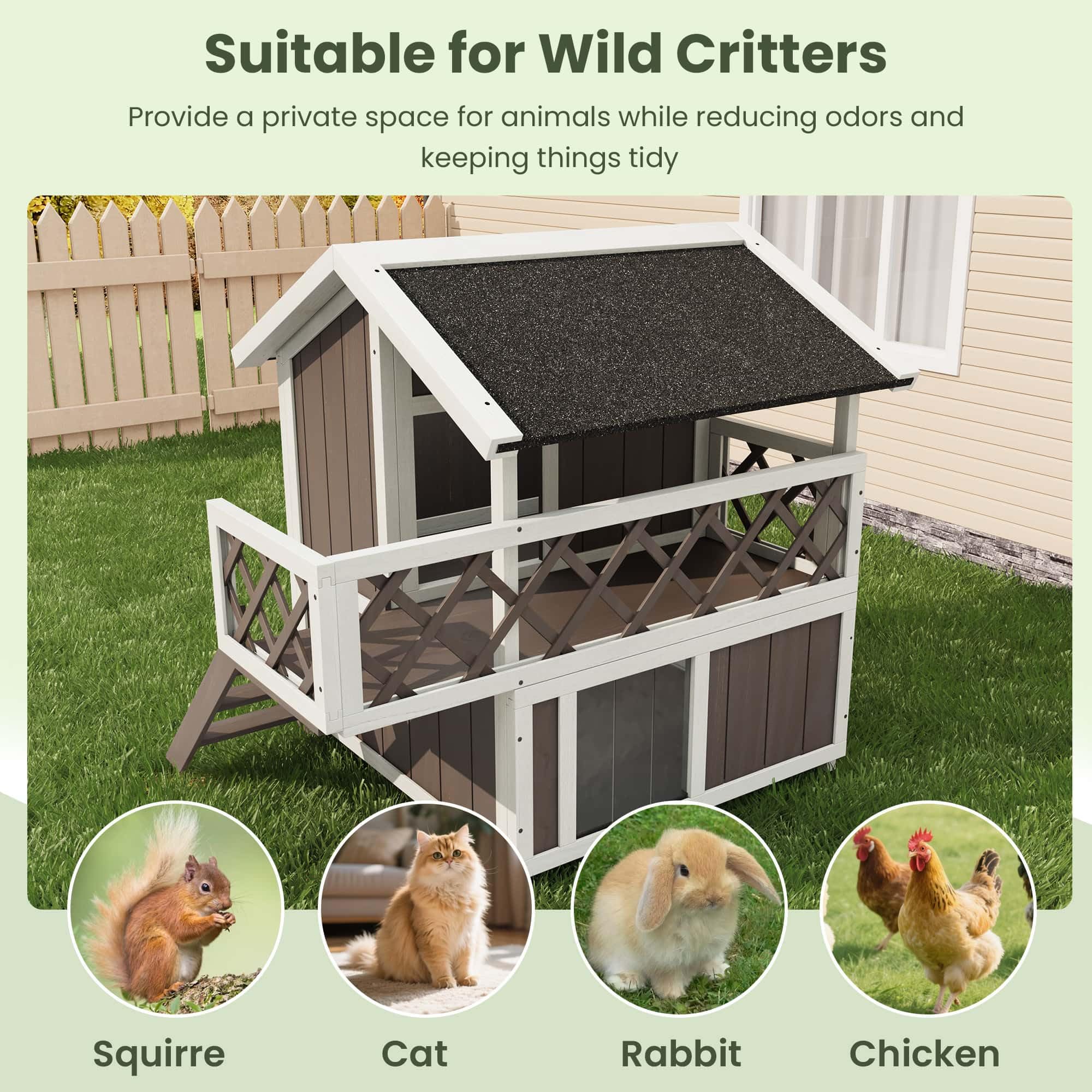 Garvee Insulated Outdoor Cat House Weatherproof with Balcony and Shade, Side Steps, Railings & Raised Floor, Asphalt Roof, All-Around Insulation 2-Story Wooden Feral Cat Shelter for Small Animals