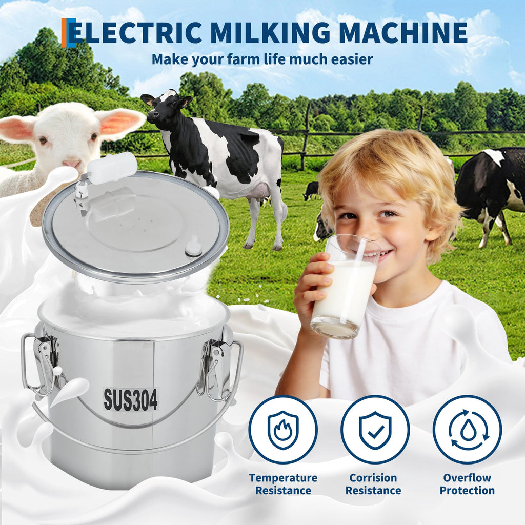 Garvee Electric Milking Machine for Cows & Goats – 12L Stainless Steel Bucket, Automatic Pulsation, 4 Teat Cups, Portable Rechargeable Milker, Adjustable Suction, Built-in 12V 8000mAh Battery
