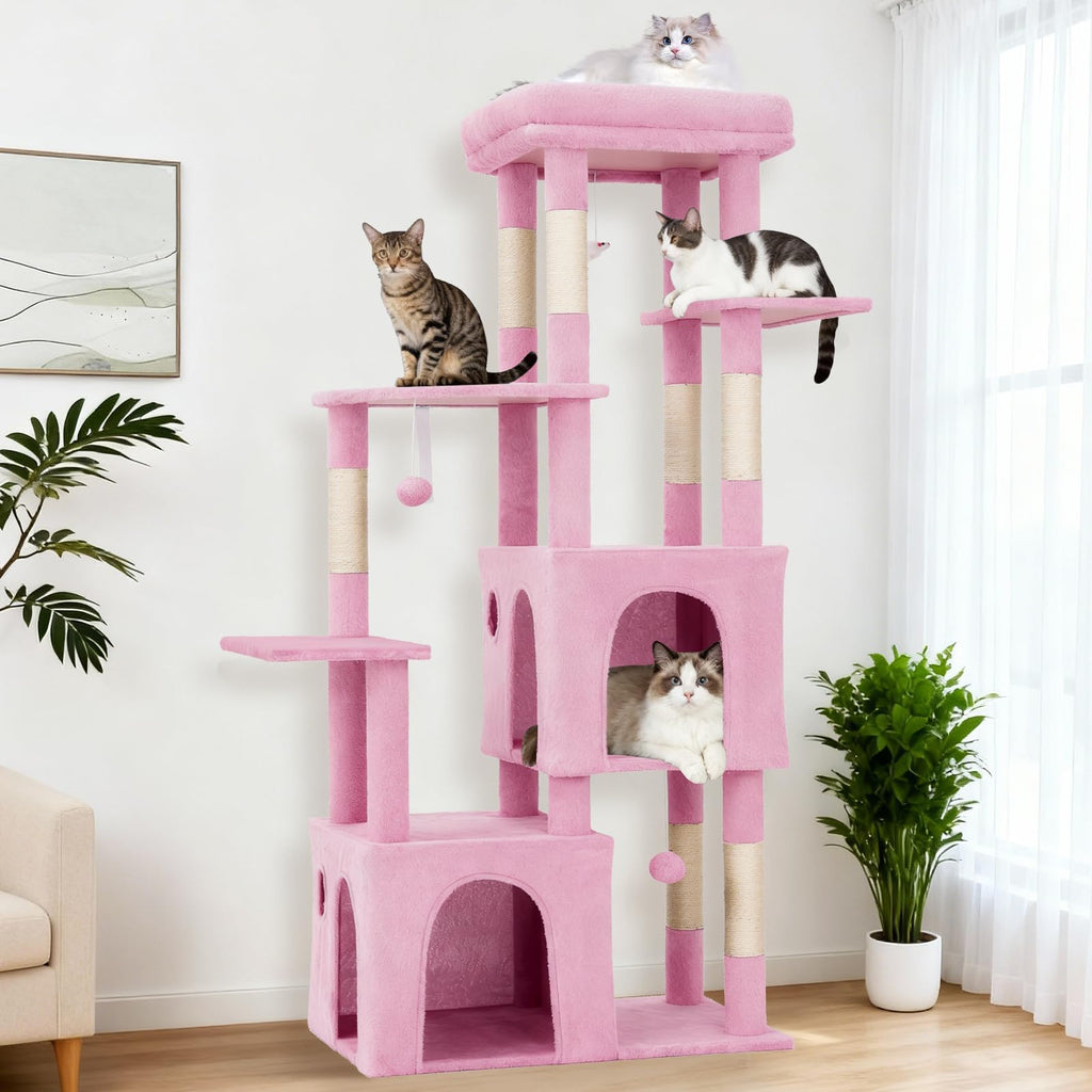 Garvee 61" Multi-Level Cat Tree for Indoor Cats, Heavy-Duty Tower for Large Adult & Maine Coon Cats with Oversized Perch, Dual Condos, Natural Sisal Scratching Posts & Play Toys – Pink