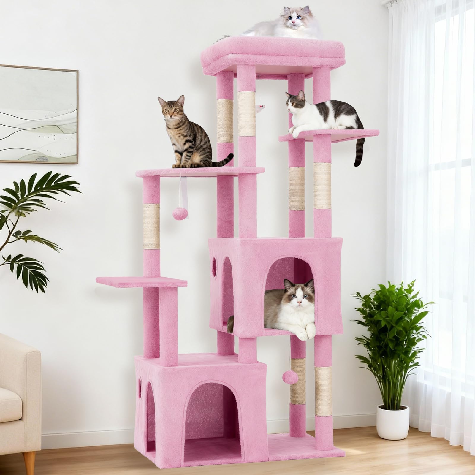 Garvee 61" Multi-Level Cat Tree for Indoor Cats, Heavy-Duty Tower for Large Adult & Maine Coon Cats with Oversized Perch, Dual Condos, Natural Sisal Scratching Posts & Play Toys – Pink