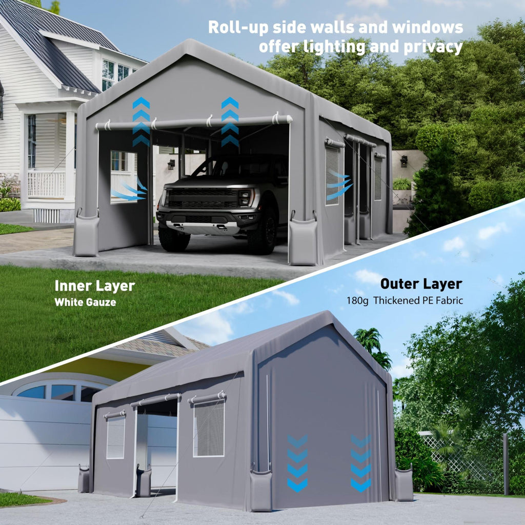Garvee 2-Pack Heavy Duty Carport Replacement Zipper Doors, 160G PE Waterproof UV-Resistant Panels with 64 Ball Bungees for 13x20 FT & 13x25 FT Portable Garages, Gray