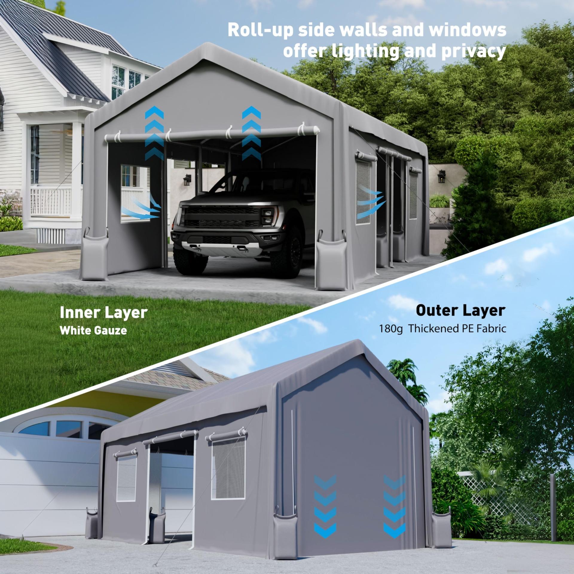 Garvee 2-Pack Heavy Duty Carport Replacement Zipper Doors, 160G PE Waterproof UV-Resistant Panels with 64 Ball Bungees for 13x20 FT & 13x25 FT Portable Garages, Gray
