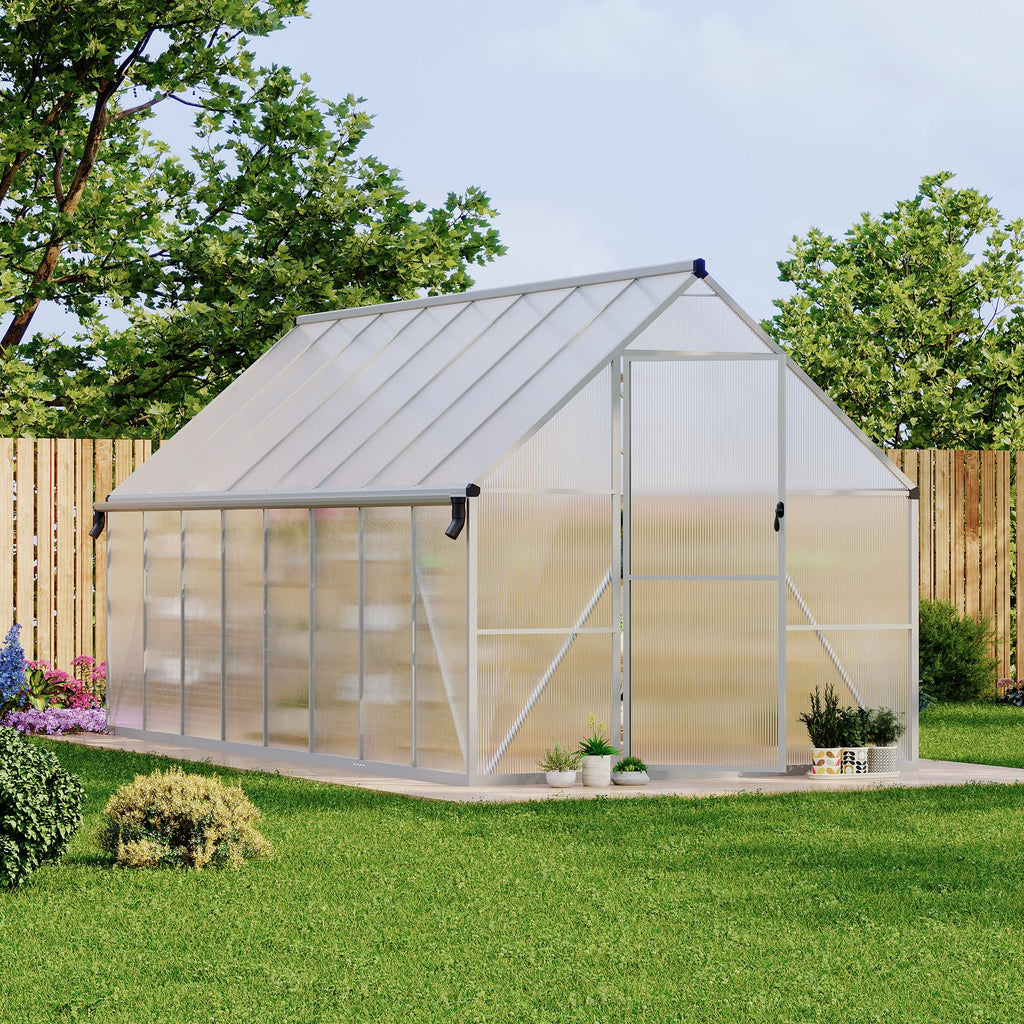 Garvee Heavy Duty 8x16FT Polycarbonate Greenhouse with Aluminum Frame – Double Swing Doors, Roof Vent, Rain Gutter, Quick Setup – Large Walk-In Outdoor Gardening Tent, Silver
