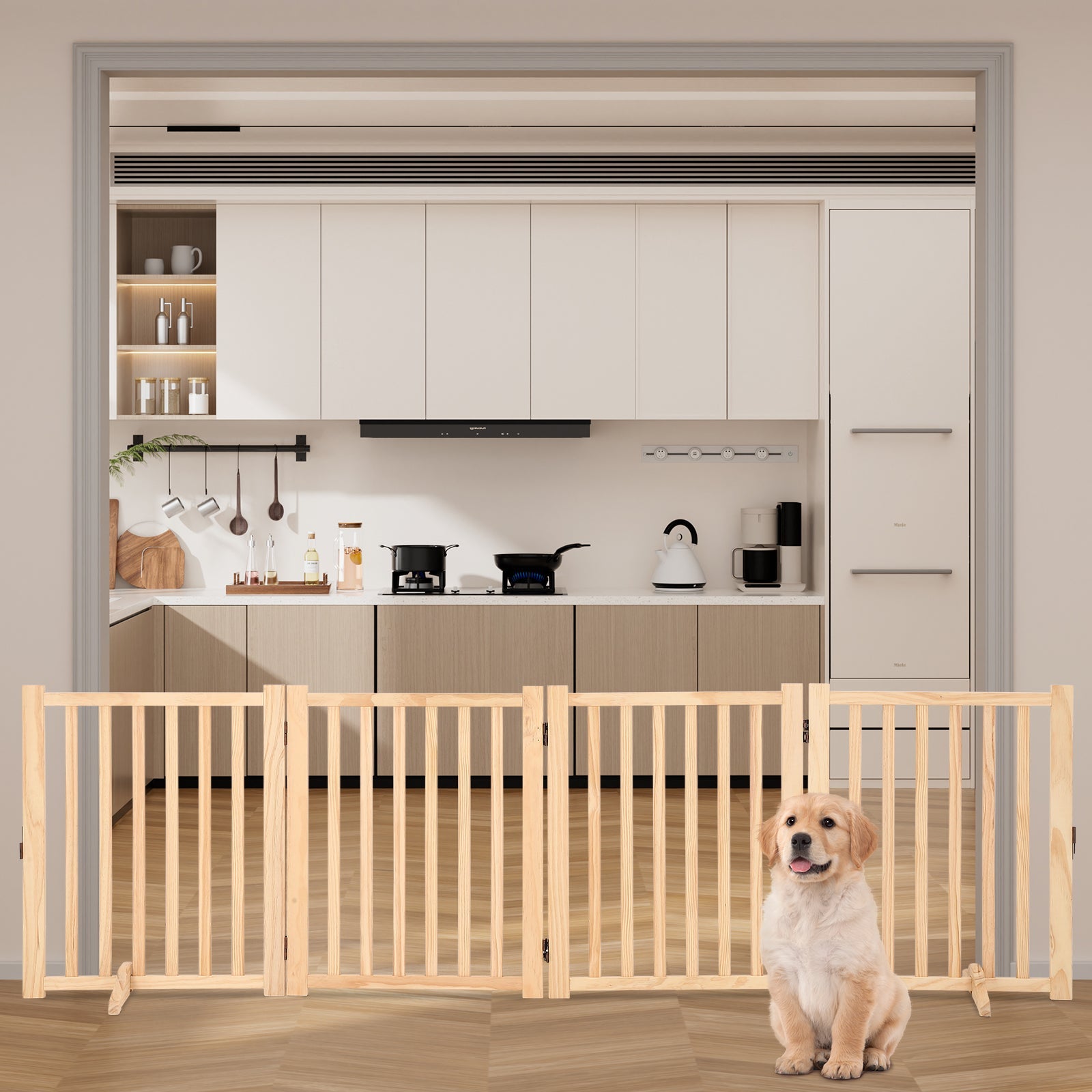 Garvee Wooden Freestanding Dog Gate, Collapsible Pet Gate with Support Feet, Indoor Dog Fence for The House,Doorways, Stairs，Expandable Pet Fence -4 Panel H:24”