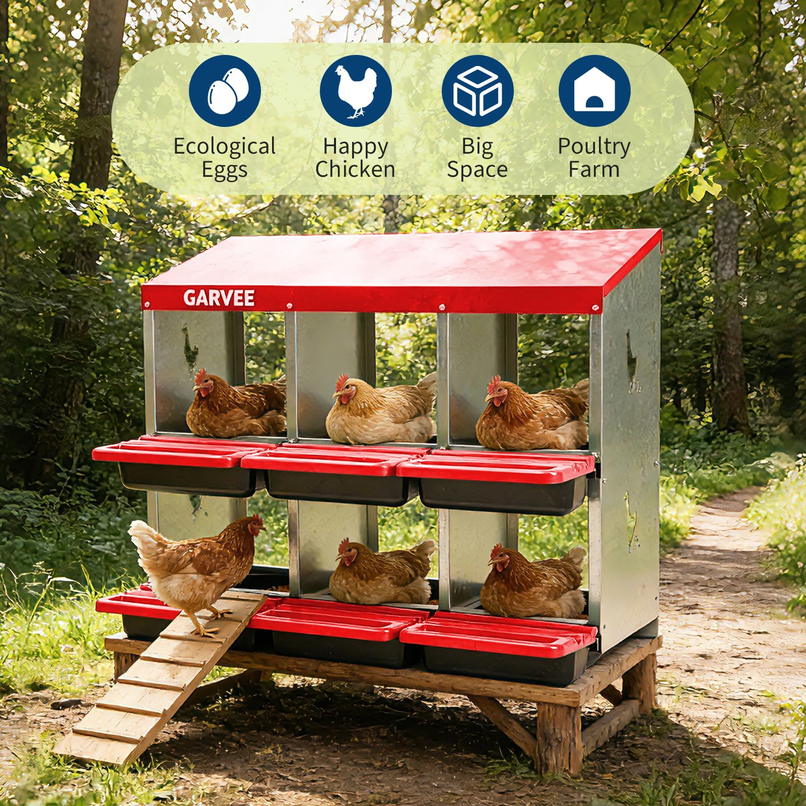 Garvee 6-Compartment Metal Chicken Nesting Box, Roll Away Poultry Laying Box with Sloped Anti-Perch Roof, 31.3"x12.8"x30.9", Red