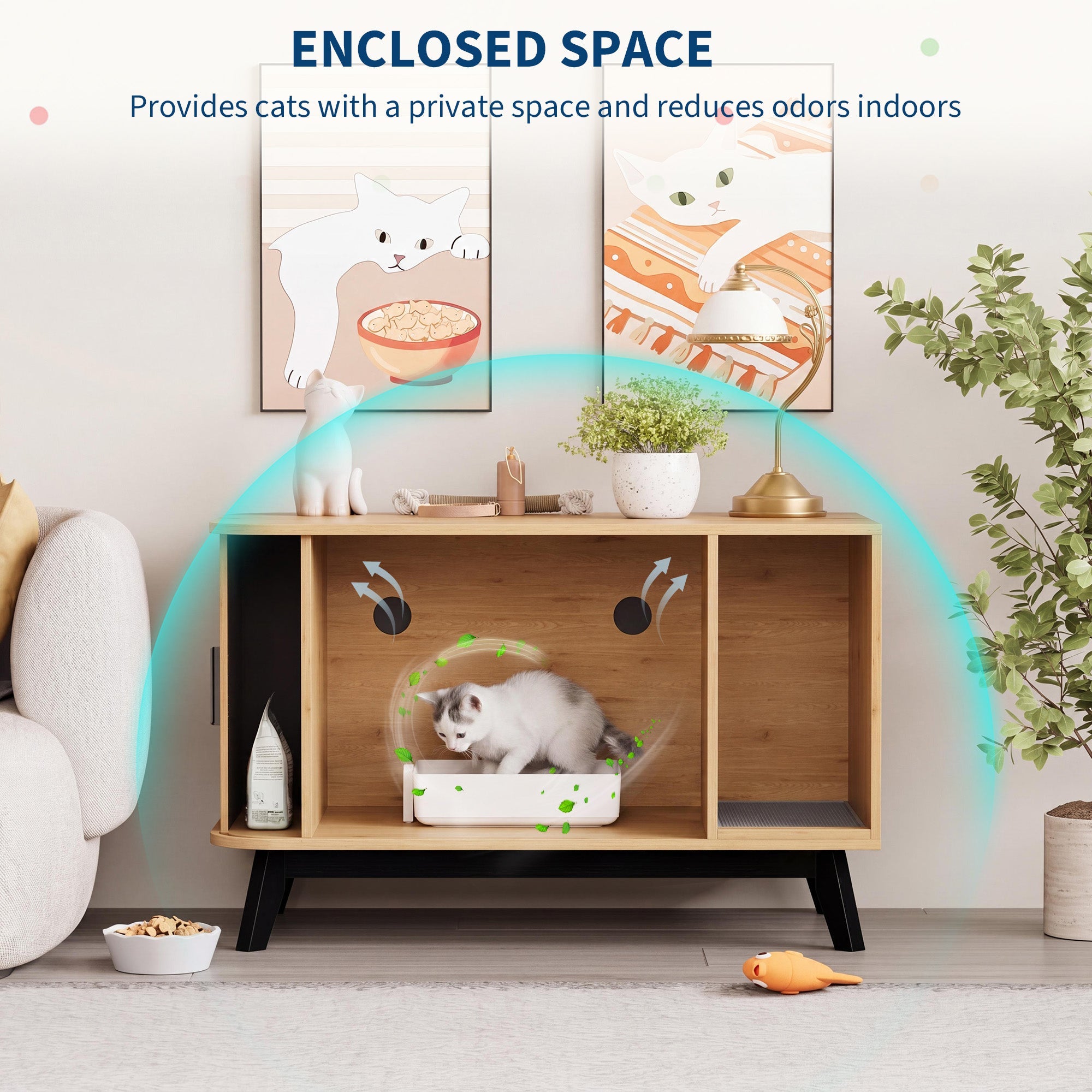 Garvee Modern Hidden Cat Litter Box Furniture – 39" Cat House Side Table with Sliding Door, Litter Mat, Multi-Functional Pet Enclosure for Living Room – Natural Wood Color