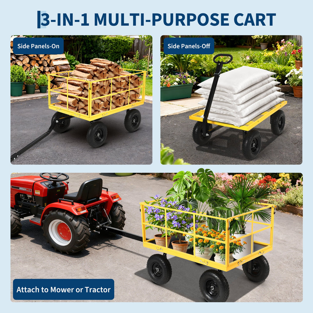 Garvee Heavy Duty 1500 lbs Steel Garden Cart – 3-in-1 Outdoor Utility Wagon with Removable Mesh Sides, 13" All-Terrain Wheels, 180° Rotating Handle – Lawn, Soil, Tool & Plant Carrier – 13-inch wheels, black hubs + yellow frame + black handlebars