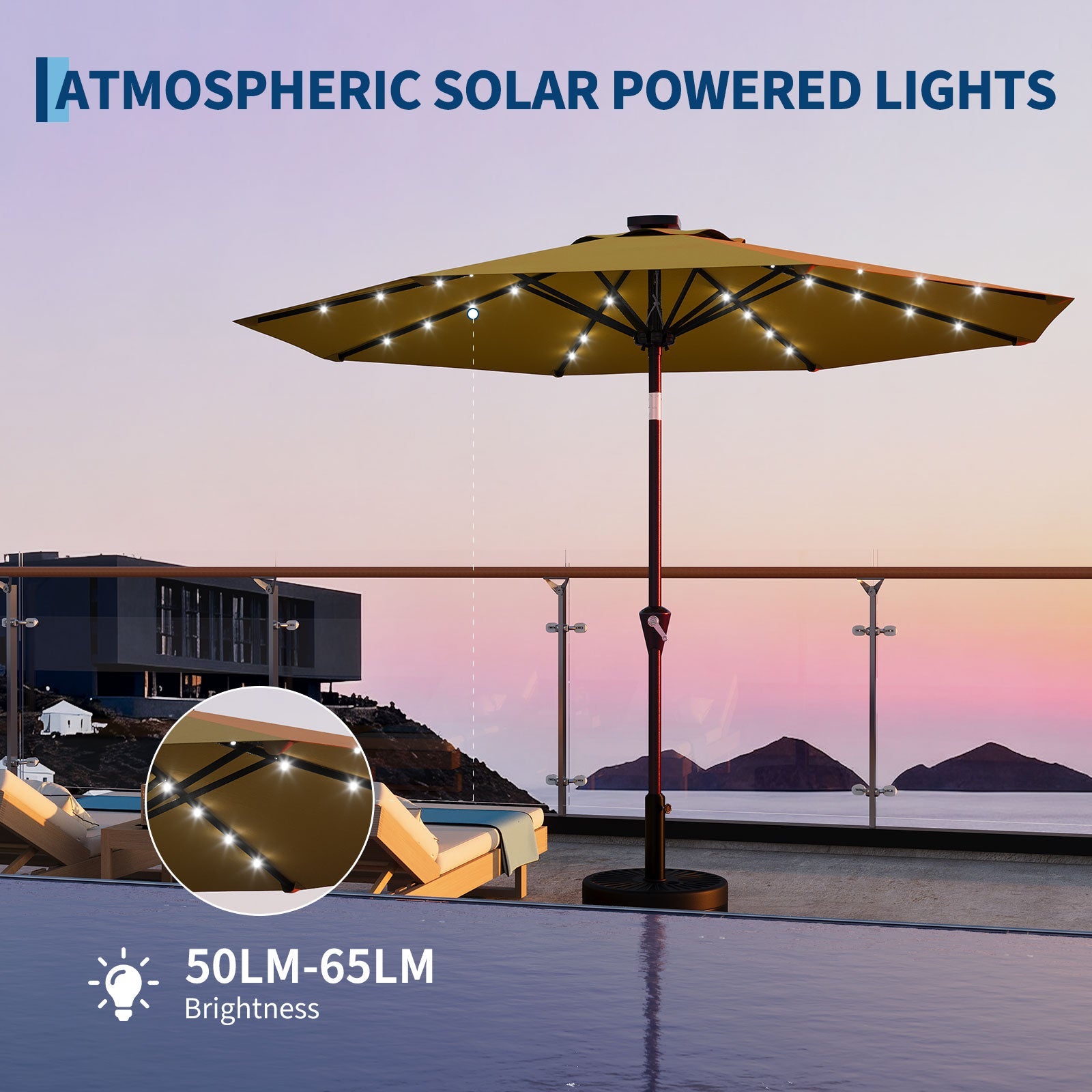 Garvee 9FT Solar LED Patio Umbrella, Waterproof Outdoor Market Table Umbrella with 8 Ribs, Crank Lift, Push Button Tilt, UV Protection for Garden, Pool & Deck, Yellow