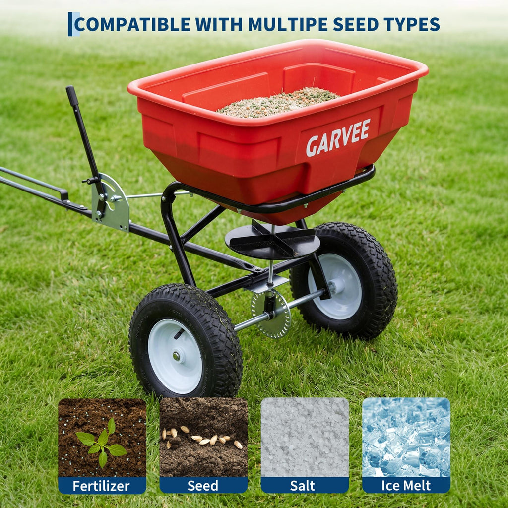 Garvee 130 lb Tow-Behind Broadcast Spreader, Heavy-Duty Lawn & Garden Spreader with 0–12 ft Coverage, Universal Hitch, 13" Pneumatic Tires & 20-Level Flow Control for ATV, UTV & Riding Mower, Red