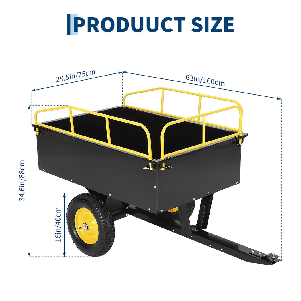 Garvee Yellow Garden Dump Cart, 750 lbs Capacity 15 Cu Ft Heavy Duty Steel Utility Trailer with Removable Sides for ATV, UTV, Lawn Mower & Tractor